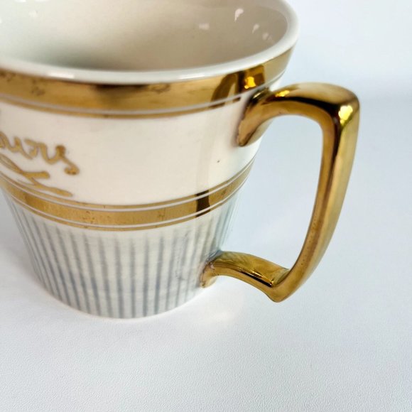 Anthropologie Home "Yours & Mine" Ceramic Cup Mug Ivory Blue Gold Set 2 Flaw - Picture 11 of 16